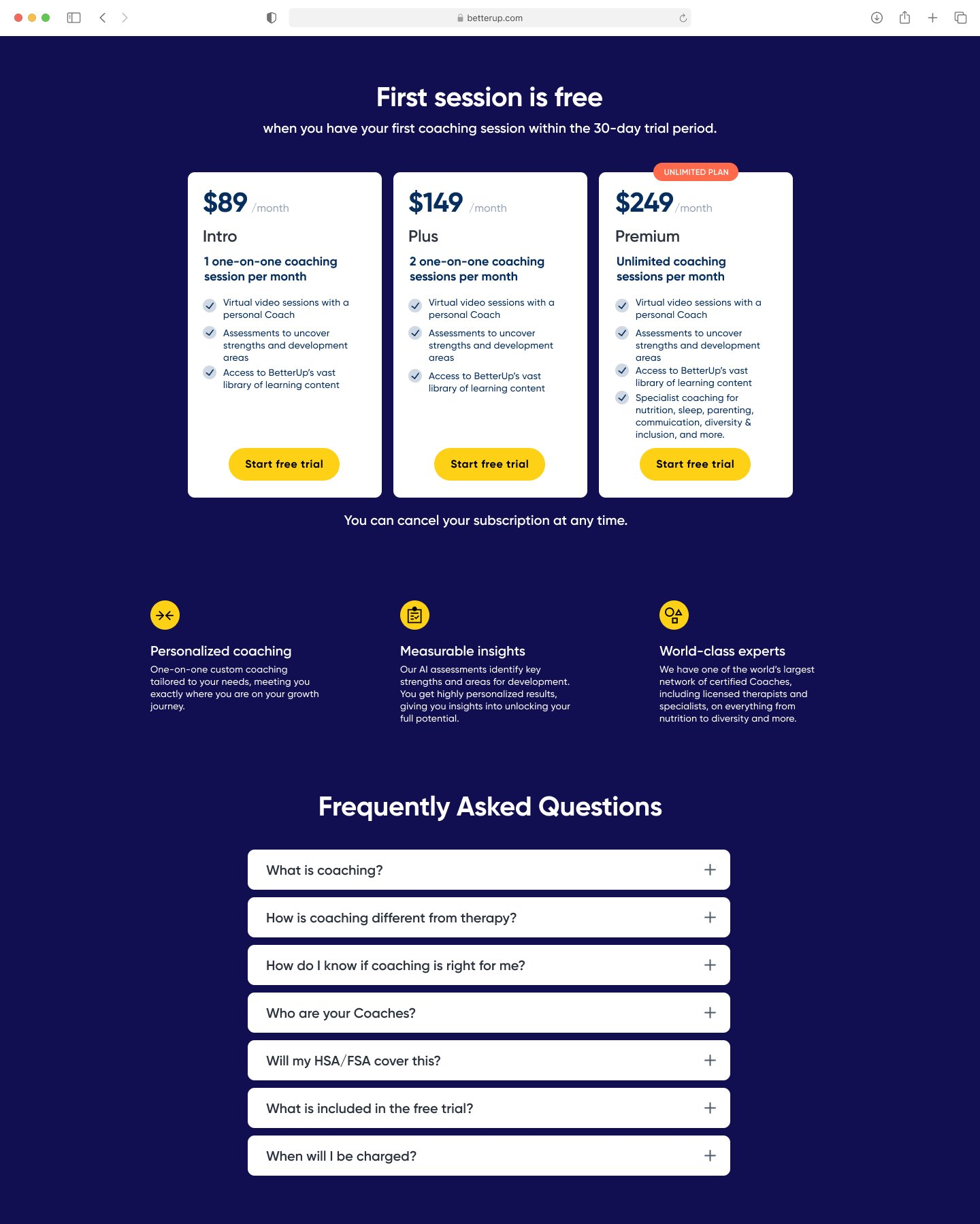 BetterUp plans and pricing design
